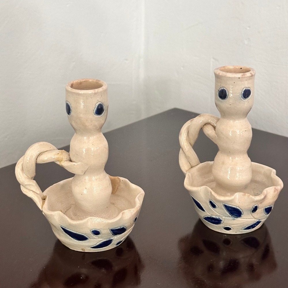 Vintage Williamsburg Pottery Chamberstick Candle Holders Set of 2 Blue Cream